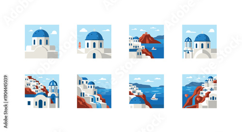 Iconic Greek island villages with blue domed churches and white buildings overlooking the sea