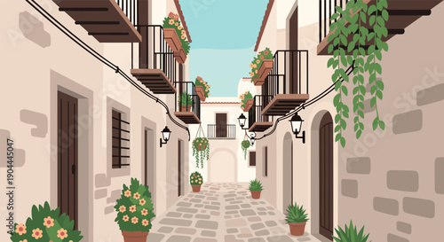 Charming European alleyway with balconies, flowers, and cobblestone path