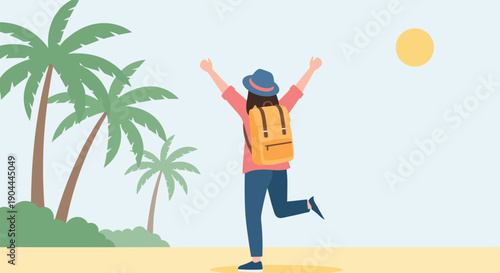 Joyful traveler with backpack celebrating on a sunny tropical beach with palm trees