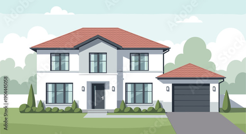 Modern two-story house with attached garage and manicured lawn in a suburban setting