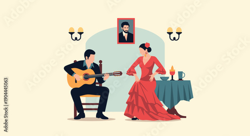 Flamenco dancer in red dress performs while guitarist plays music in a Spanish restaurant