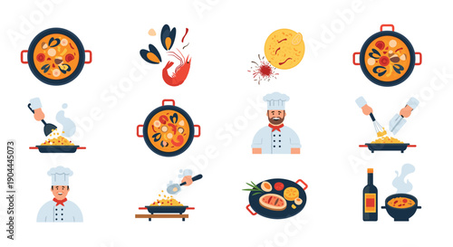 Collection of flat design icons representing Spanish cuisine and cooking