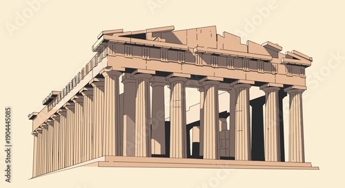 Parthenon temple illustration with doric columns and entablature on a plain background