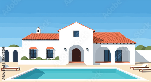 Beautiful minimalist villa with a swimming pool and terracotta roof under a clear blue sky