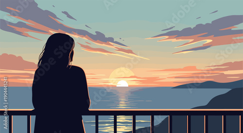 Woman silhouetted against a vibrant sunset over the ocean, contemplating the view