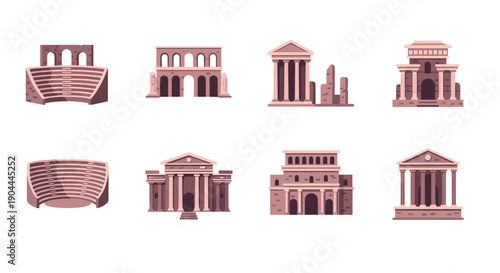 Collection of ancient Roman architectural structures and amphitheaters in a flat design style