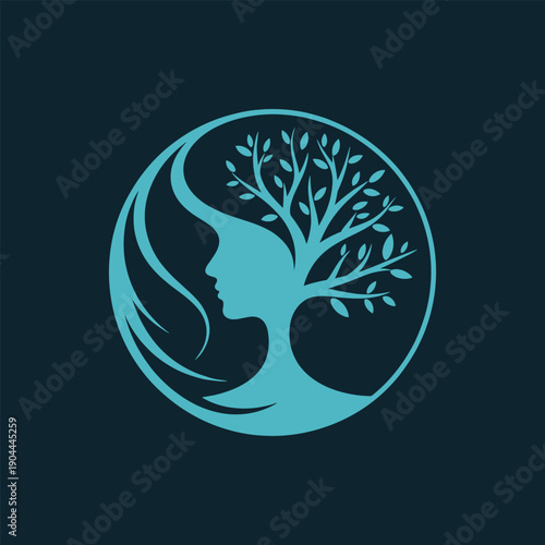 Teal silhouette of womans face with tree branches in circular logo design