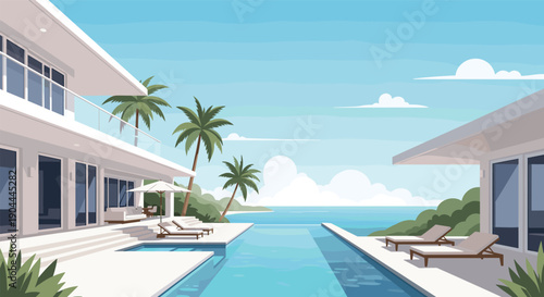 Luxury modern villa with infinity pool overlooking the ocean and palm trees