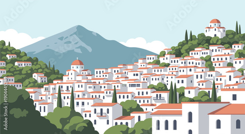 Charming Mediterranean village with white houses cascading down a lush green hillside towards the sea