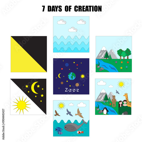 Bible genesis story. Divine genesis cycle. Biblical nature Vector. 7 DAYS OF CREATION Z z z z text world history chronicles book.