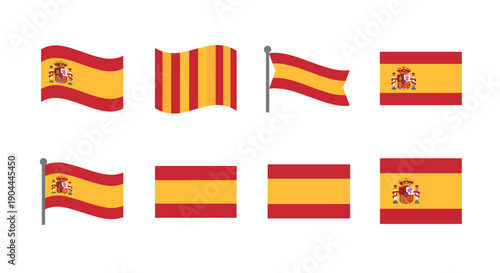 Collection of Spanish flags and Catalan flag, waving and static
