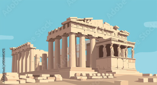 Ancient Greek Parthenon temple ruins under a clear blue sky, illustration