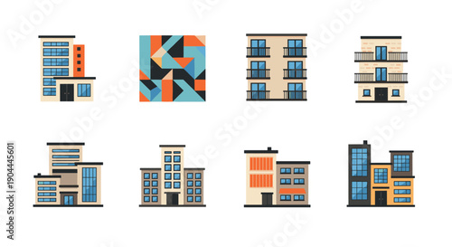 Collection of modern apartment buildings and abstract geometric art