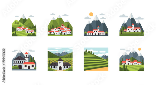 Charming European villages nestled in green valleys and mountains with terraced fields