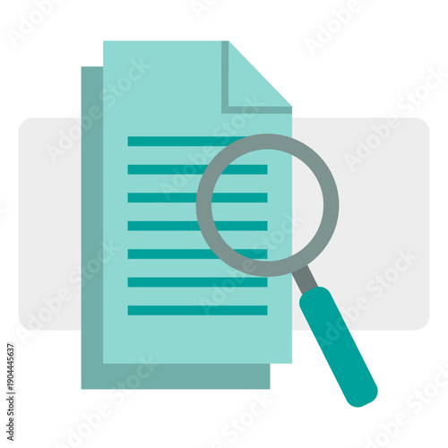 Official document search icon. Professional paper report analysis. Informational record Vector. Magnifying glass object.