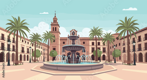 Idyllic European town square with a central fountain and palm trees