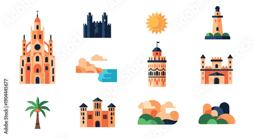 Collection of flat design icons representing landmarks and natural elements