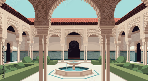 Ornate Moorish courtyard with fountain and geometric patterns, a serene architectural masterpiece