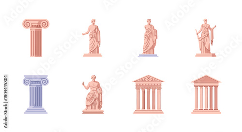 Collection of ancient Greek architectural elements and statues in a flat design style