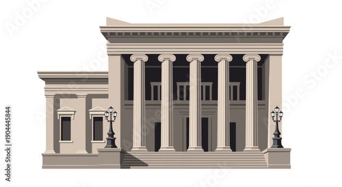 Classical building facade with ionic columns and grand staircase, vector illustration