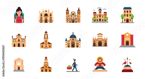 Collection of flat design icons representing famous landmarks and cultural symbols