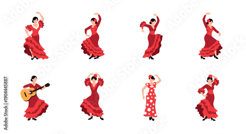 Collection of diverse flamenco dancers in vibrant red dresses performing various poses
