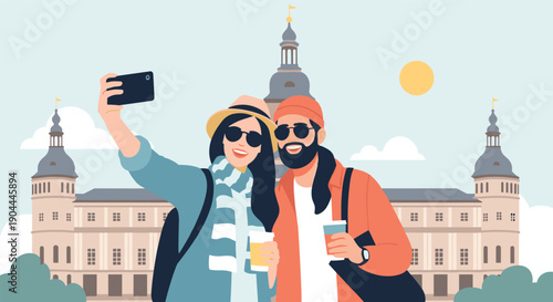 Young couple taking a selfie with a historic building in the background on a sunny day