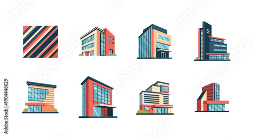 Collection of modern office buildings and abstract pattern in flat design style