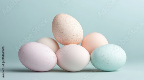 A creative arrangement of pastel-colored eggs showcases diverse patterns and hues, ideal for Spring and Easter themes, symbolizing renewal and artistic expression.