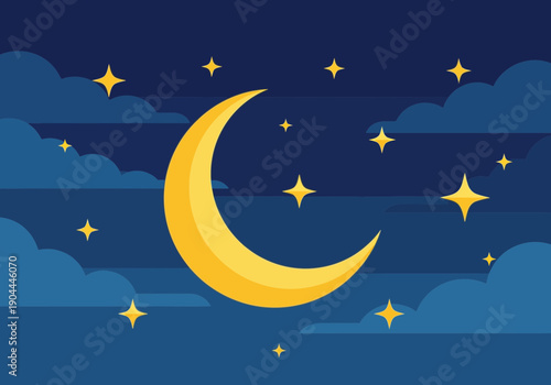 Golden Crescent Moon and Bright Stars in a Stylized Night Sky