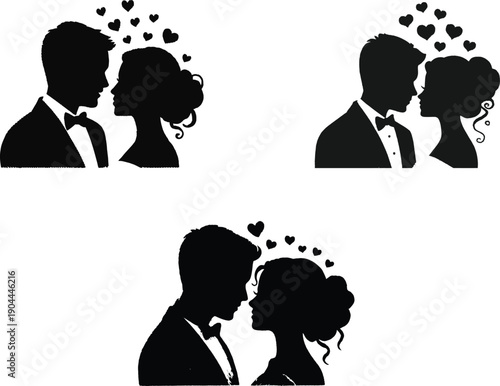 Elegant silhouette of a bride and groom embracing, with hearts floating above, perfect for wedding invitations and romantic designs.