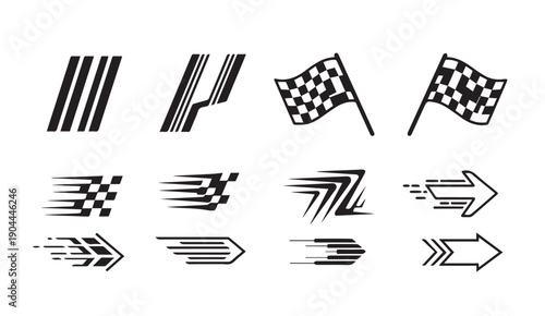 Racing Flags Speed Lines Arrows Vector Icons Set for Motorsport and Competition