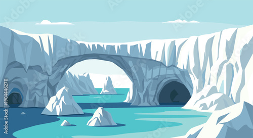 Arctic landscape with ice caves and archways over turquoise water
