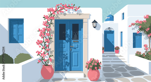 Charming Greek island alley with blue doors and blooming bougainvillea flowers