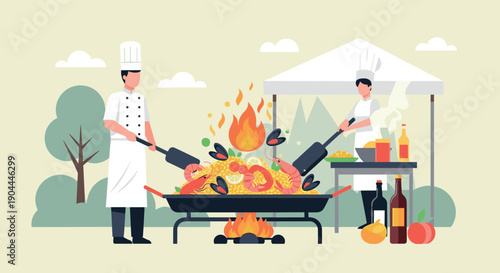 Two chefs cooking a large seafood paella over an open fire at an outdoor event