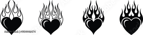Four black silhouette heart icons with fiery flames, representing passion and intense love, ideal for edgy designs and romantic expressions.