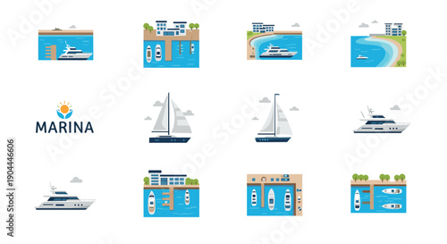 Collection of flat design icons representing marinas, yachts, and sailboats in a modern style