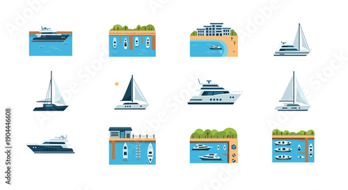 Collection of flat design vector illustrations of yachts and sailboats in marinas
