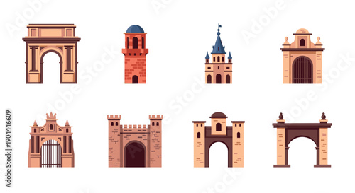Collection of diverse architectural gates, arches, and towers in a flat design style