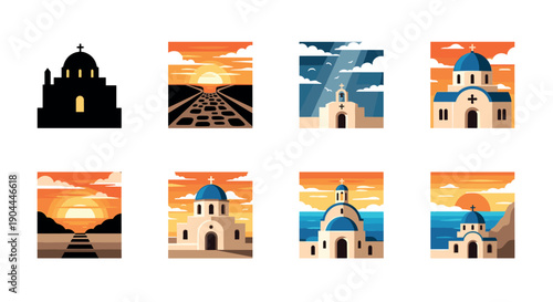 Collection of Greek island churches and scenic sunsets in a flat design style