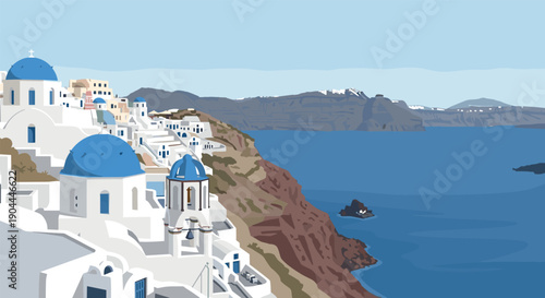 Iconic Santorini white buildings with blue domes overlooking the Aegean Sea and volcanic caldera