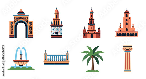 Collection of Spanish architectural elements and decorative items in a flat design style