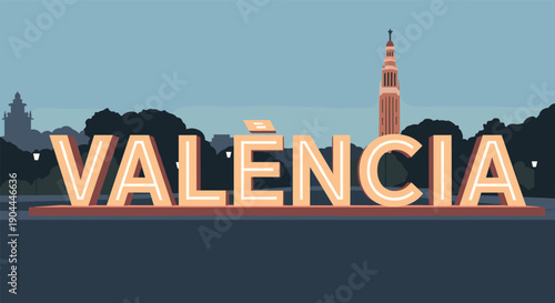 Valencia city landmark sign with iconic tower in the background, flat illustration style