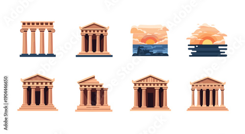 Collection of ancient Greek temples and scenic sunsets over the ocean