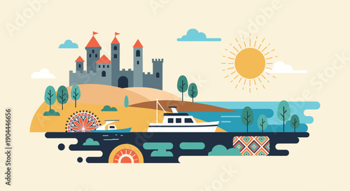 Flat design illustration of a medieval castle overlooking a sunny coastal landscape with boats