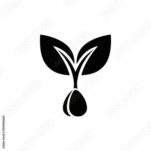 Black and white icon of a sprouting plant with a seed.