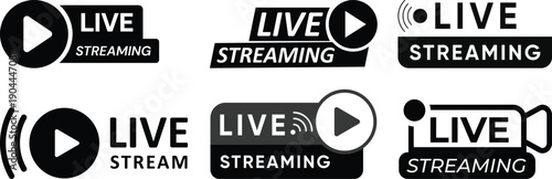 Live streaming icon set collection group with play button video broadcast badges, online stream labels, media recording symbols for social network content isolated on white background vector.
