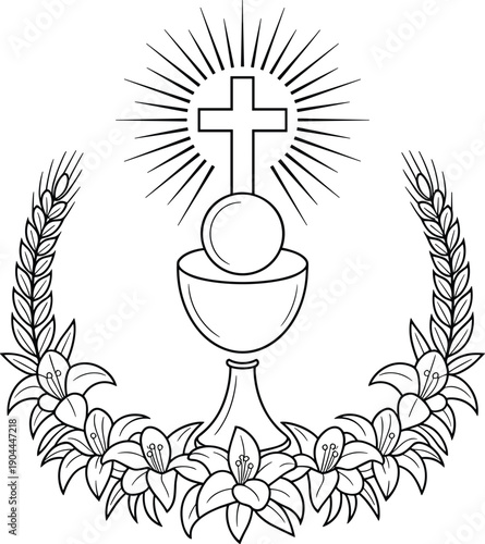 Christian Communion Symbol with Cross, Chalice, Host, Wheat, and Lilies - Line Art
