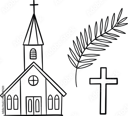 Church and Cross Silhouette with Palm Branch, Christian Symbols, Stock Illustration
