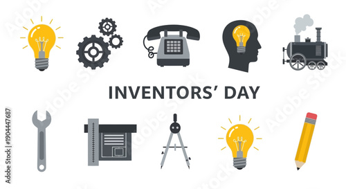 An illustration celebrating Inventors Day with icons of inventions and tools